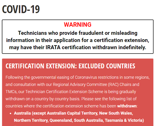 IRATA Certification Expiry Extension - parts of Australia